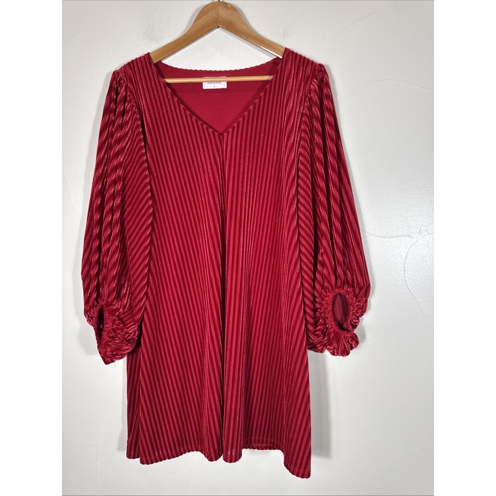 Women's Adrienne Burgundy Red Ribbed Velvet A Line Dress Balloon Sleeves  Medium